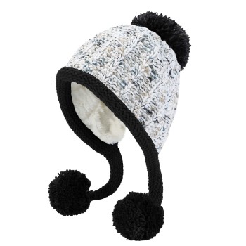 Women's Winter Peruvian Ear Flap Beanie, Sherpa Fleece Lined 3 Pom Pom Ponytail Ski Hat, White/Black One Size