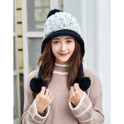 Women's Peruvian Ear Flap Beanie - White/Black Ski Hat Women's White/Black Peruvian Ear Flap Beanie with Sherpa Lining