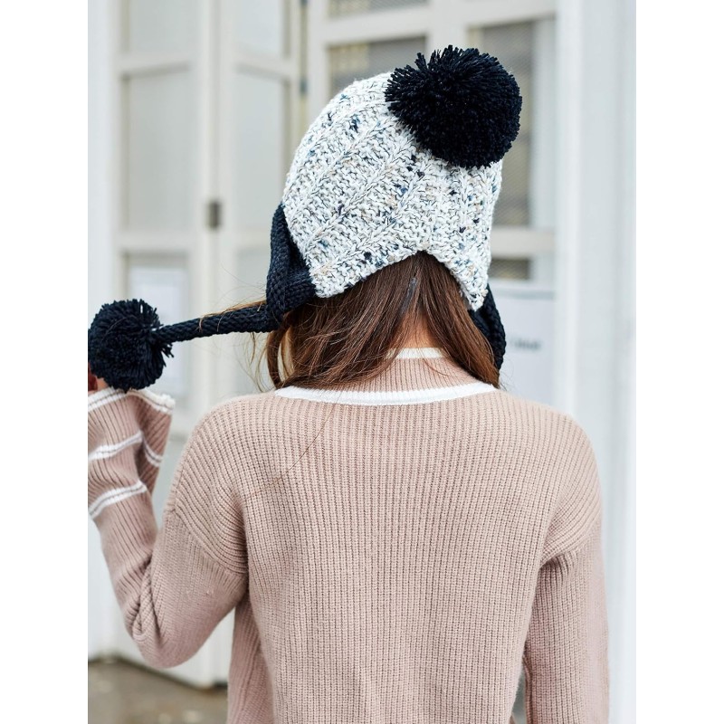 Women's Peruvian Ear Flap Beanie - White/Black Ski Hat Women's White/Black Peruvian Ear Flap Beanie with Sherpa Lining