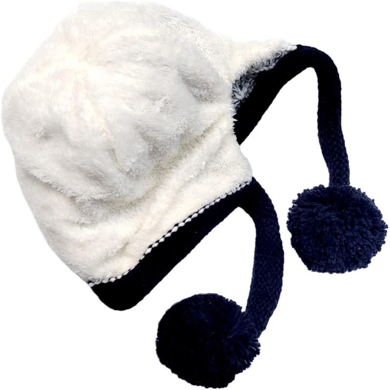 Women's Peruvian Ear Flap Beanie - White/Black Ski Hat Women's White/Black Peruvian Ear Flap Beanie with Sherpa Lining