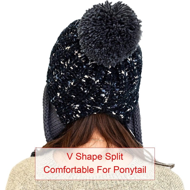 Peruvian Knit Ear Flap Beanie Fleece Lined Ski Hat Women's Black Peruvian Knit Ear Flap Beanie with Fleece Lining