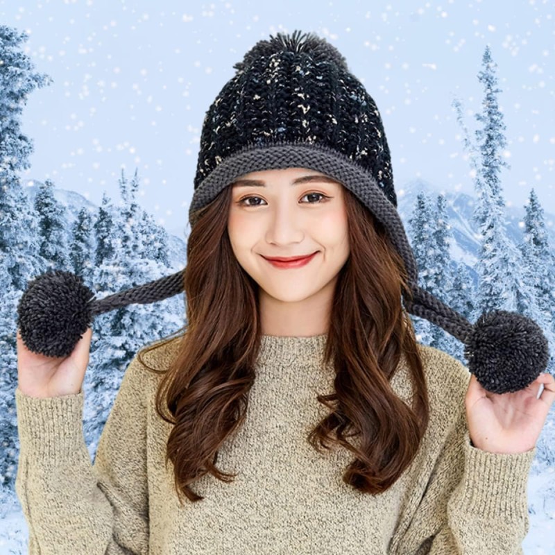 Peruvian Knit Ear Flap Beanie Fleece Lined Ski Hat Women's Black Peruvian Knit Ear Flap Beanie with Fleece Lining