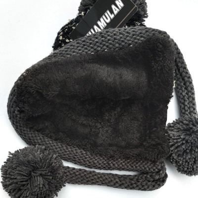 Peruvian Knit Ear Flap Beanie Fleece Lined Ski Hat Women's Black Peruvian Knit Ear Flap Beanie with Fleece Lining