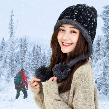 Women's Winter Peruvian Knit Ear Flap Beanie Fleece Lined 3 Pom Pom Ponytail Ski Hat One Size Black