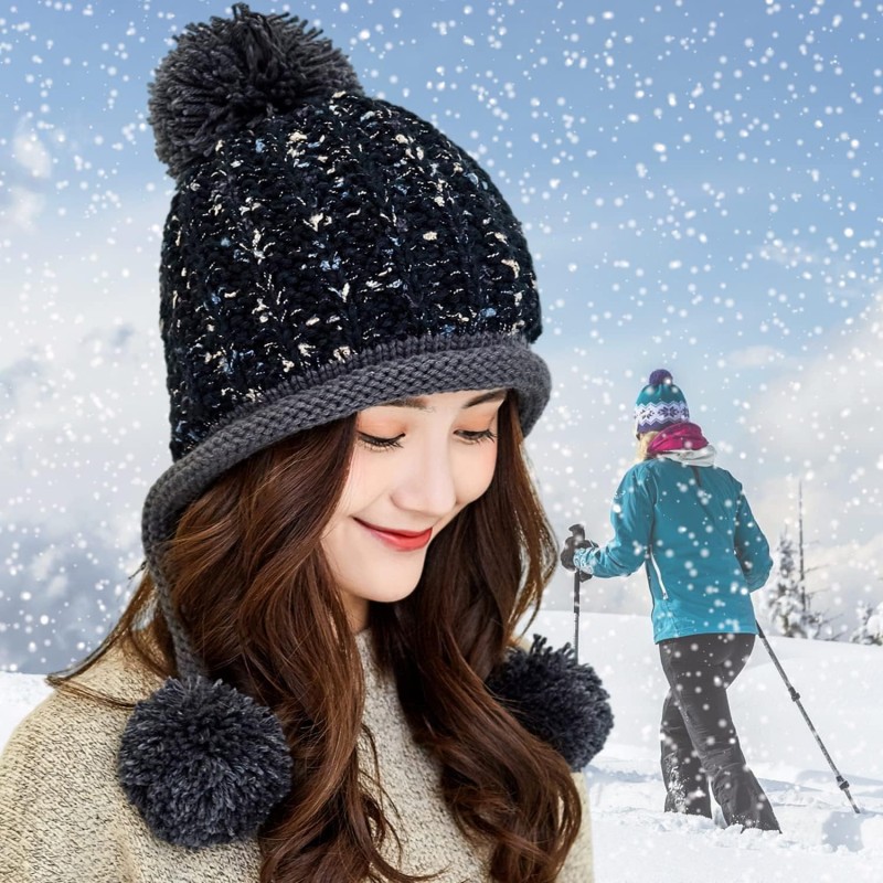 Peruvian Knit Ear Flap Beanie Fleece Lined Ski Hat Women's Black Peruvian Knit Ear Flap Beanie with Fleece Lining