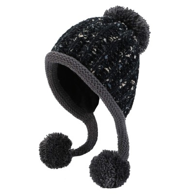 Peruvian Knit Ear Flap Beanie Fleece Lined Ski Hat Women's Black Peruvian Knit Ear Flap Beanie with Fleece Lining