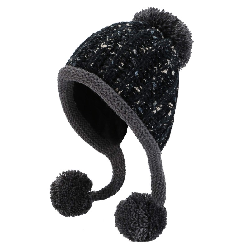 Peruvian Knit Ear Flap Beanie Fleece Lined Ski Hat Women's Black Peruvian Knit Ear Flap Beanie with Fleece Lining