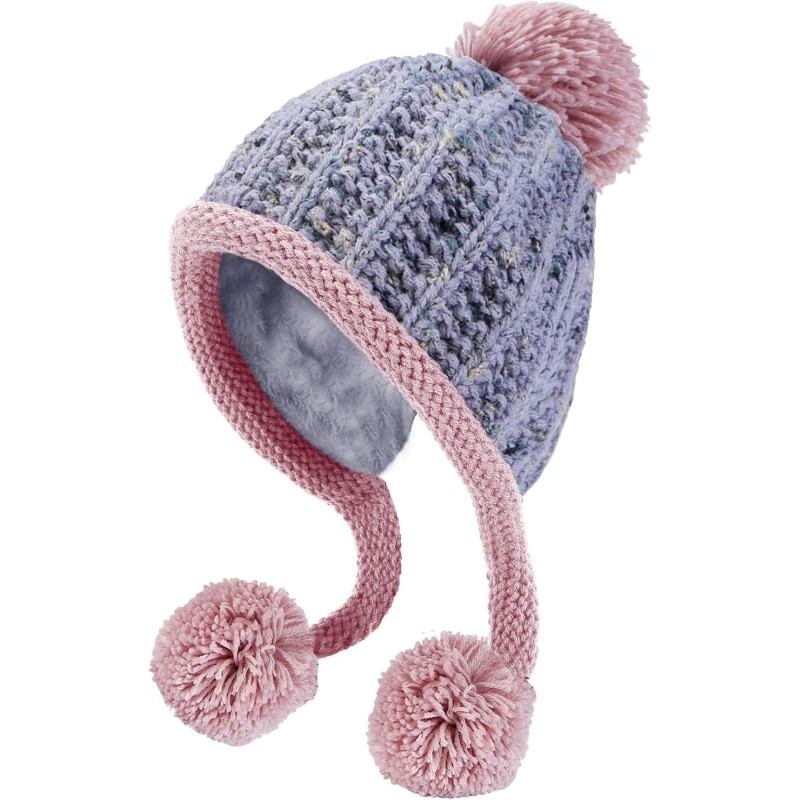 Light gray women’s Peruvian winter ski beanie with ear flaps, 3 pom poms, fleece lining, ponytail friendly