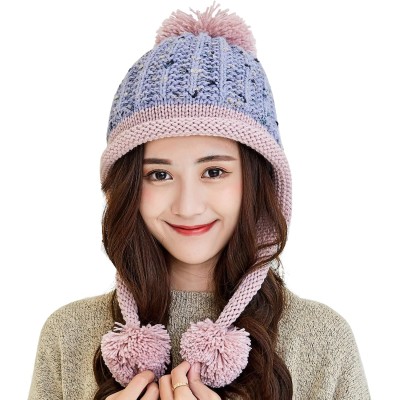 Light gray women’s Peruvian winter ski beanie with ear flaps, 3 pom poms, fleece lining, ponytail friendly