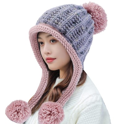 Light gray women’s Peruvian winter ski beanie with ear flaps, 3 pom poms, fleece lining, ponytail friendly