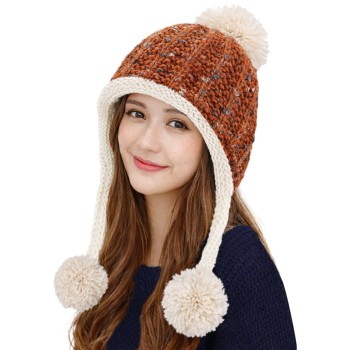 Women’s Winter Peruvian Knit Ear Flap Beanie, Fleece-Lined 3 Pom Pom Ponytail Ski Hat, Reddish Brown