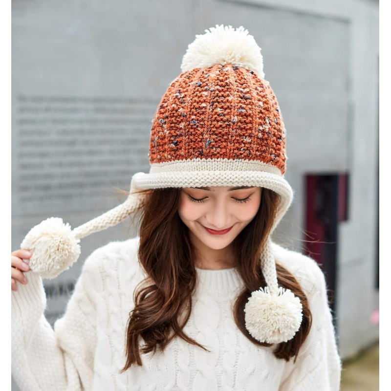 Reddish Brown Peruvian Knit Ear Flap Beanie Reddish Brown Women’s Peruvian Knit Ear Flap Beanie with Pom Poms