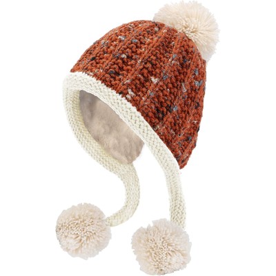 Reddish Brown Peruvian Knit Ear Flap Beanie Reddish Brown Women’s Peruvian Knit Ear Flap Beanie with Pom Poms
