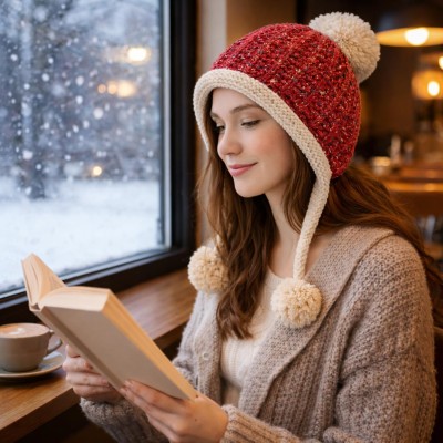 Peruvian Ear Flap Fleece Lined Pom Pom Ski Hat Women's Red Beige Peruvian Ear Flap Beanie with 3 Pom Poms for Skiing
