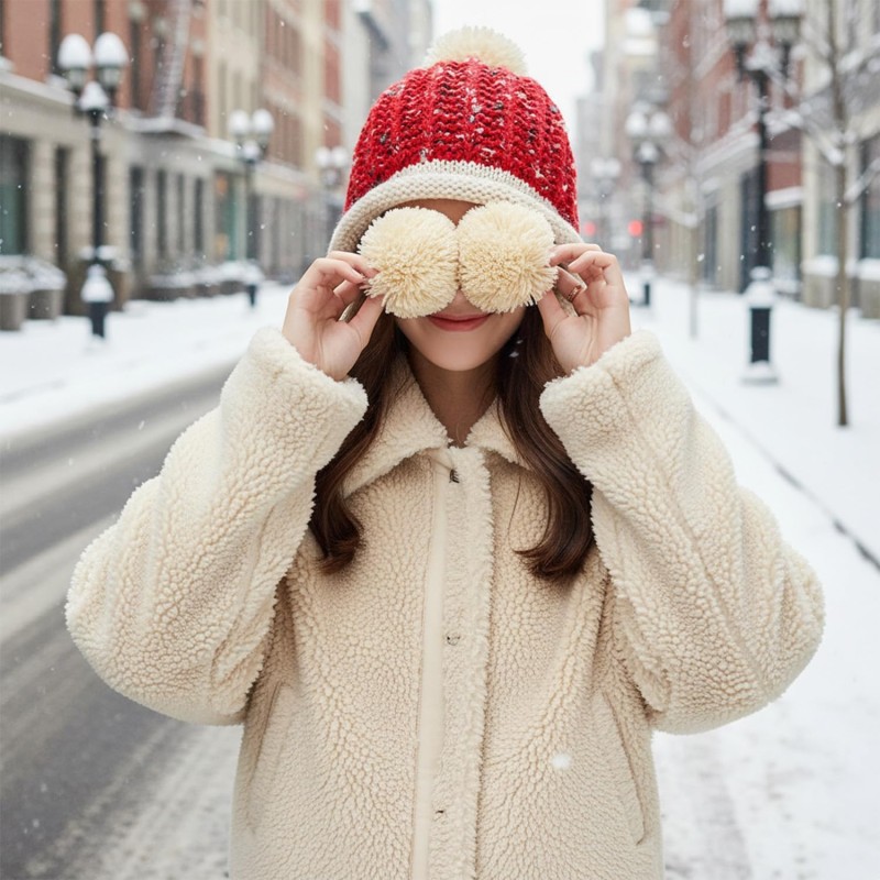 Peruvian Ear Flap Fleece Lined Pom Pom Ski Hat Women's Red Beige Peruvian Ear Flap Beanie with 3 Pom Poms for Skiing