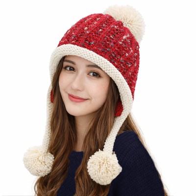 Peruvian Ear Flap Fleece Lined Pom Pom Ski Hat Women's Red Beige Peruvian Ear Flap Beanie with 3 Pom Poms for Skiing
