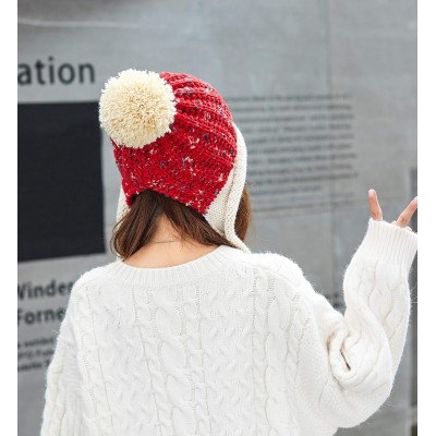 Peruvian Ear Flap Fleece Lined Pom Pom Ski Hat Women's Red Beige Peruvian Ear Flap Beanie with 3 Pom Poms for Skiing
