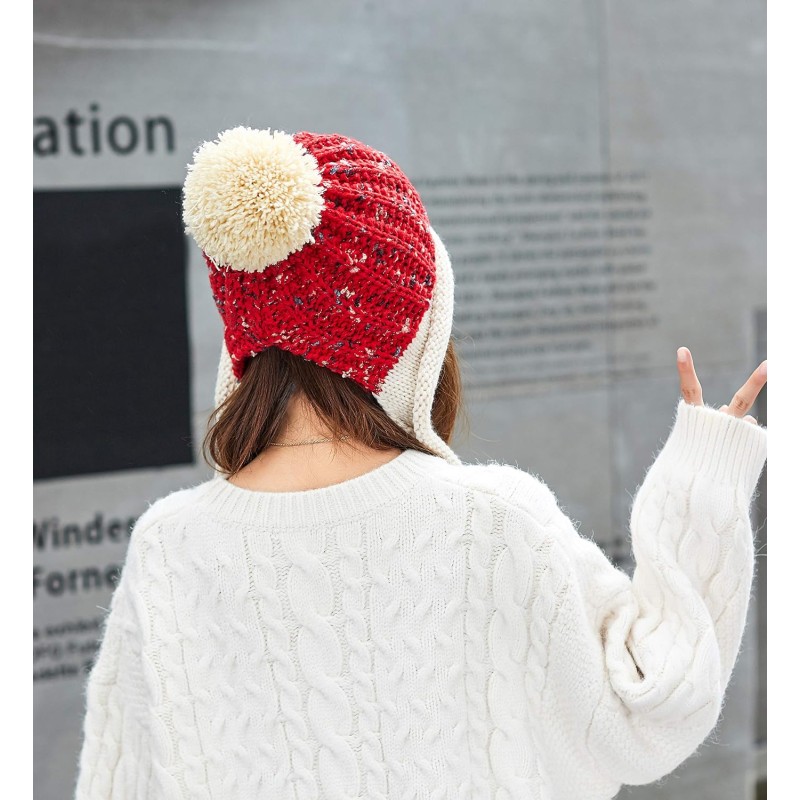 Peruvian Ear Flap Fleece Lined Pom Pom Ski Hat Women's Red Beige Peruvian Ear Flap Beanie with 3 Pom Poms for Skiing