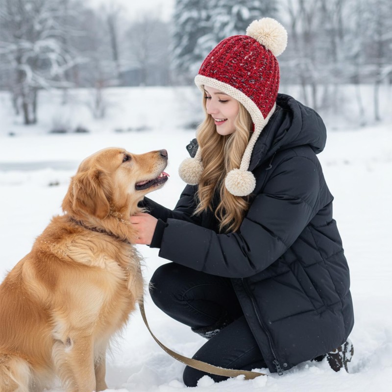 Peruvian Ear Flap Fleece Lined Pom Pom Ski Hat Women's Red Beige Peruvian Ear Flap Beanie with 3 Pom Poms for Skiing