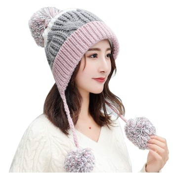 Women's Pink Winter Peruvian Ski Beanie, Ear Flaps, 3 Pom Poms, Fleece Lined, Ponytail, One Size