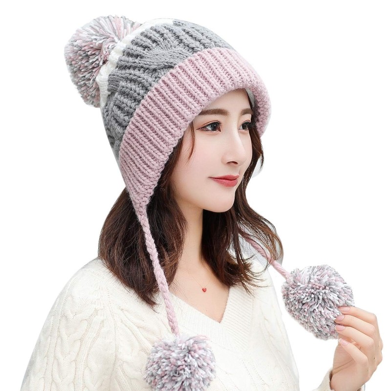Women's Pink Peruvian Ski Beanie with Ear Flaps and Pom Poms