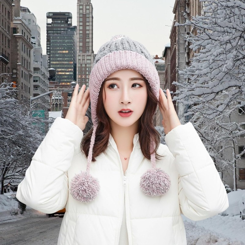 Women's Pink Peruvian Ski Beanie with Ear Flaps and Pom Poms