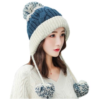 Women's Winter Peruvian Ear Flap Beanie: Sherpa Fleece Lined 3 Pom Poms Ponytail Friendly Lakeblue Beige