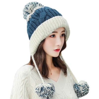 Women's Winter Peruvian Ear Flap Beanie Lakeblue Beige Women's Lakeblue Beige Peruvian Ear Flap Beanie with 3 Pom Poms