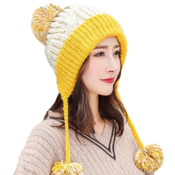 Women's Peruvian Winter Ski Beanie 3 Pom Poms Ear Flaps Fleece Lined Ponytail Friendly One Size Beige Yellow