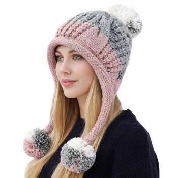 Women's Winter Peruvian Beanie Hat with Ear Flaps - Fleece Lined, 3 Pom Poms, One Size