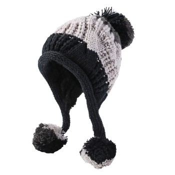Women’s Winter Peruvian Beanie Ear Flaps Sherpa Lined 3 Pom Pom Ponytail Ski Hat Grey/Black One Size