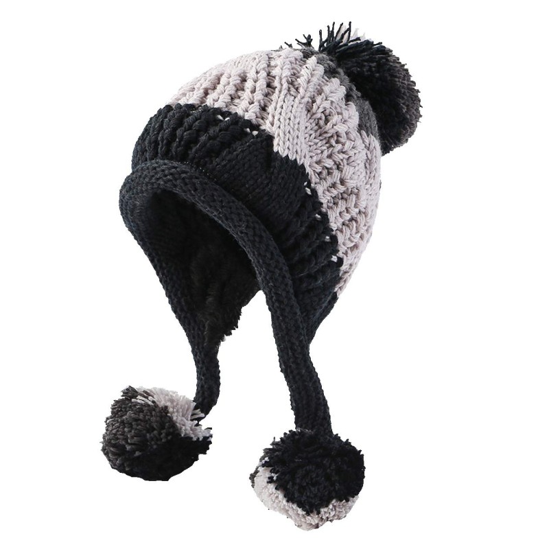 Women’s Grey/Black Peruvian Sherpa Lined Beanie with Ear Flaps and Pom Poms