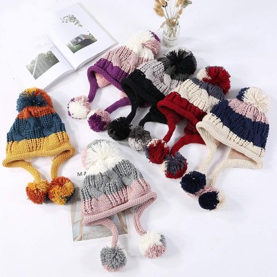 Women’s Grey/Black Peruvian Sherpa Lined Beanie with Ear Flaps and Pom Poms