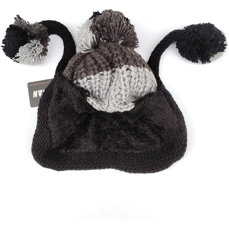 Women’s Grey/Black Peruvian Sherpa Lined Beanie with Ear Flaps and Pom Poms