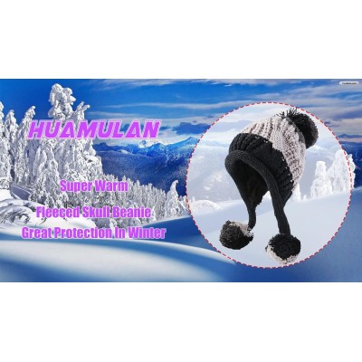 Women’s Grey/Black Peruvian Sherpa Lined Beanie with Ear Flaps and Pom Poms
