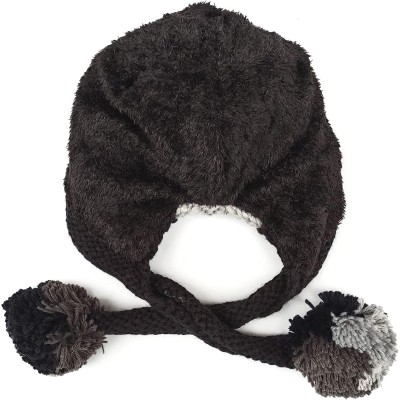 Women’s Grey/Black Peruvian Sherpa Lined Beanie with Ear Flaps and Pom Poms