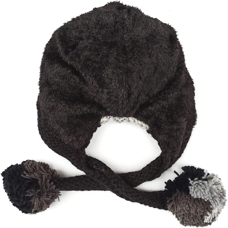 Women’s Grey/Black Peruvian Sherpa Lined Beanie with Ear Flaps and Pom Poms