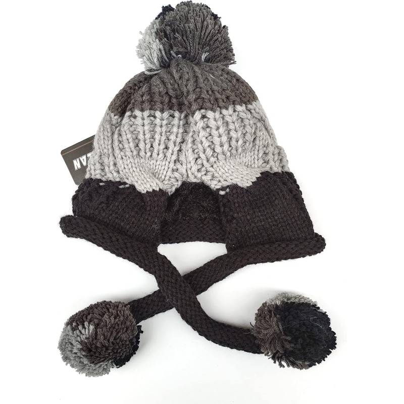 Women’s Grey/Black Peruvian Sherpa Lined Beanie with Ear Flaps and Pom Poms