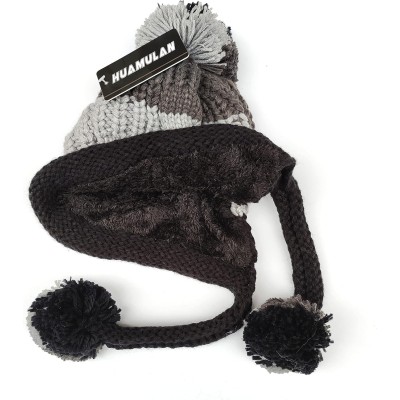 Women’s Grey/Black Peruvian Sherpa Lined Beanie with Ear Flaps and Pom Poms