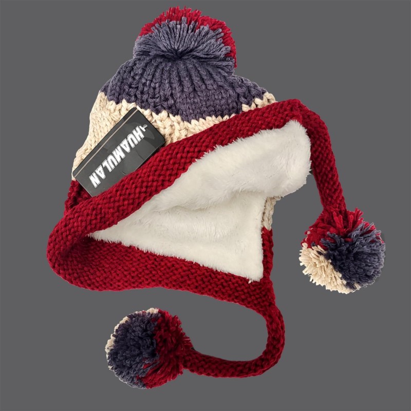 Beige Women’s Peruvian Knit Beanie with Ear Flaps and Pom Poms