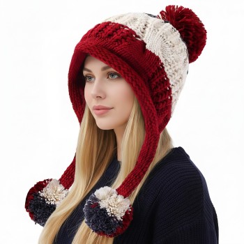 Women’s Warm Winter Peruvian Knit Beanie – Fleece Lined Ear Flaps, 3 Pom Poms, Ponytail Friendly, Beige
