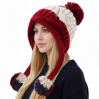 Beige Women’s Peruvian Knit Beanie with Ear Flaps and Pom Poms