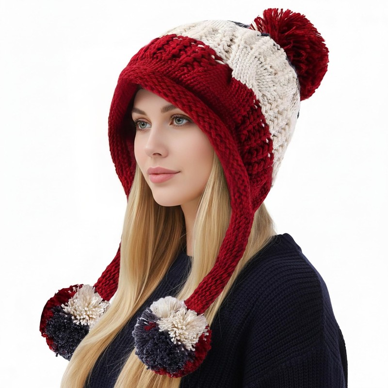 Beige Women’s Peruvian Knit Beanie with Ear Flaps and Pom Poms