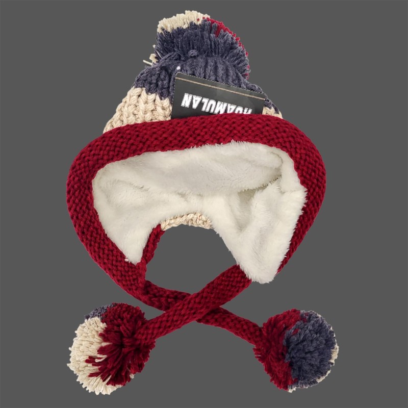 Beige Women’s Peruvian Knit Beanie with Ear Flaps and Pom Poms