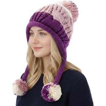 Women's Warm Winter Peruvian Ear Flap Beanie 3 Pom Poms Fleece Lined Ponytail Ski Hat Pink/Purple One Size