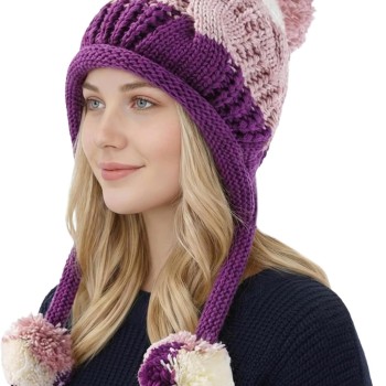 Women's Warm Winter Peruvian Ear Flap Beanie 3 Pom Poms Fleece Lined Ponytail Ski Hat Pink/Purple One Size