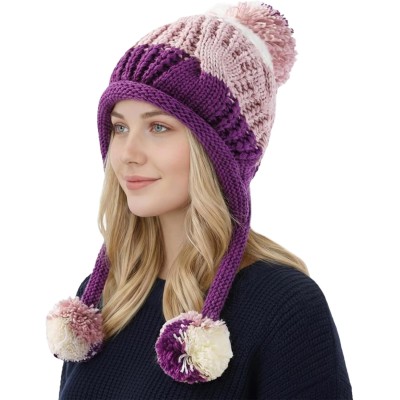 Women's Peruvian Ear Flap Beanie 3 Pom Poms Pink/Purple Women's pink and purple Peruvian ear flap beanie with 3 pom poms