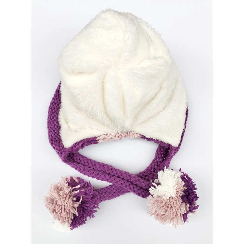 Women's Peruvian Ear Flap Beanie 3 Pom Poms Pink/Purple Women's pink and purple Peruvian ear flap beanie with 3 pom poms