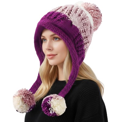 Women's Peruvian Ear Flap Beanie 3 Pom Poms Pink/Purple Women's pink and purple Peruvian ear flap beanie with 3 pom poms