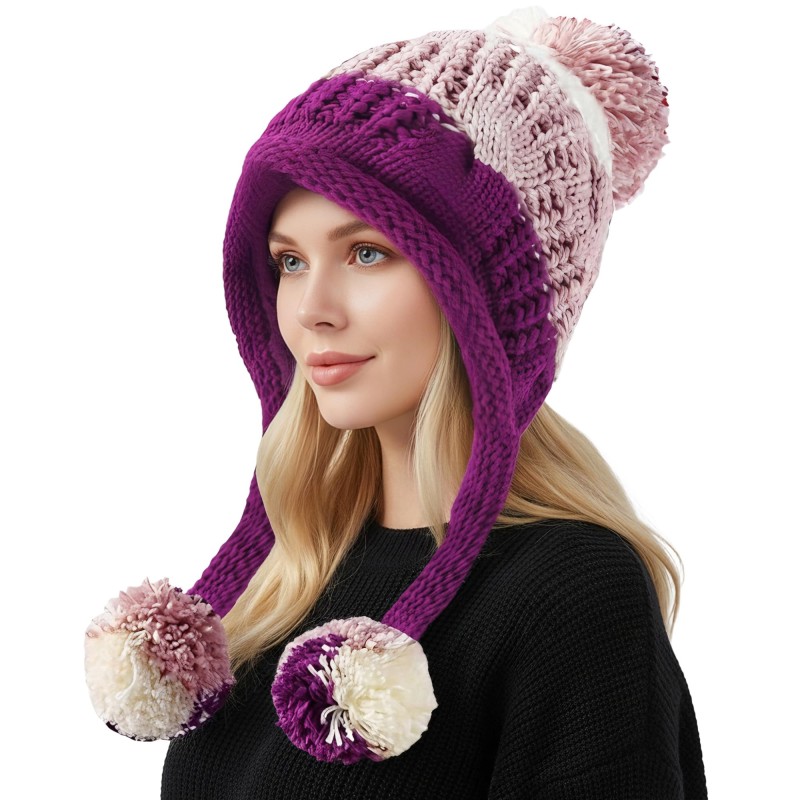 Women's Peruvian Ear Flap Beanie 3 Pom Poms Pink/Purple Women's pink and purple Peruvian ear flap beanie with 3 pom poms